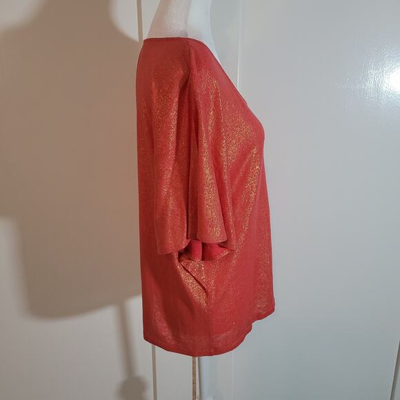 Chico's Size 1 US M Shimmer Andrina Split Sleeve Orange Gold Metallic Top Party - Picture 3 of 11